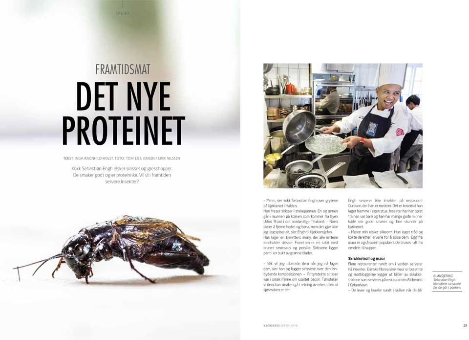 Kan insekter bli vår nye mat? Ja, mener forskerne. Mange spiser allerede insekter som Sebastian Engh fra Thailand. Faksimile fra Kjøkkensjefen-